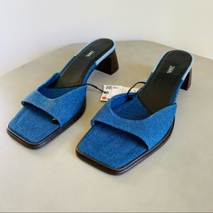 ZARA SQUARE TOE DENIM WOOD KITTEN HEEL 39